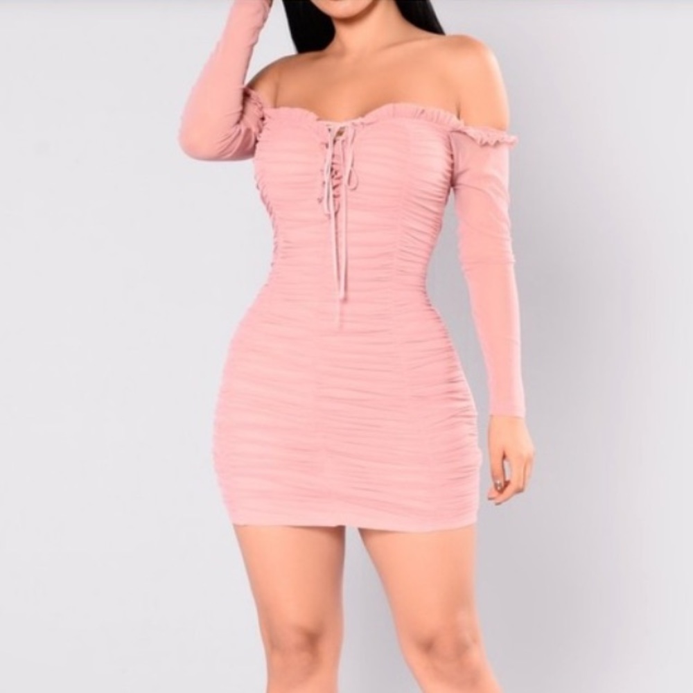 FASHION NOVA Pink Ruched Mesh Dress